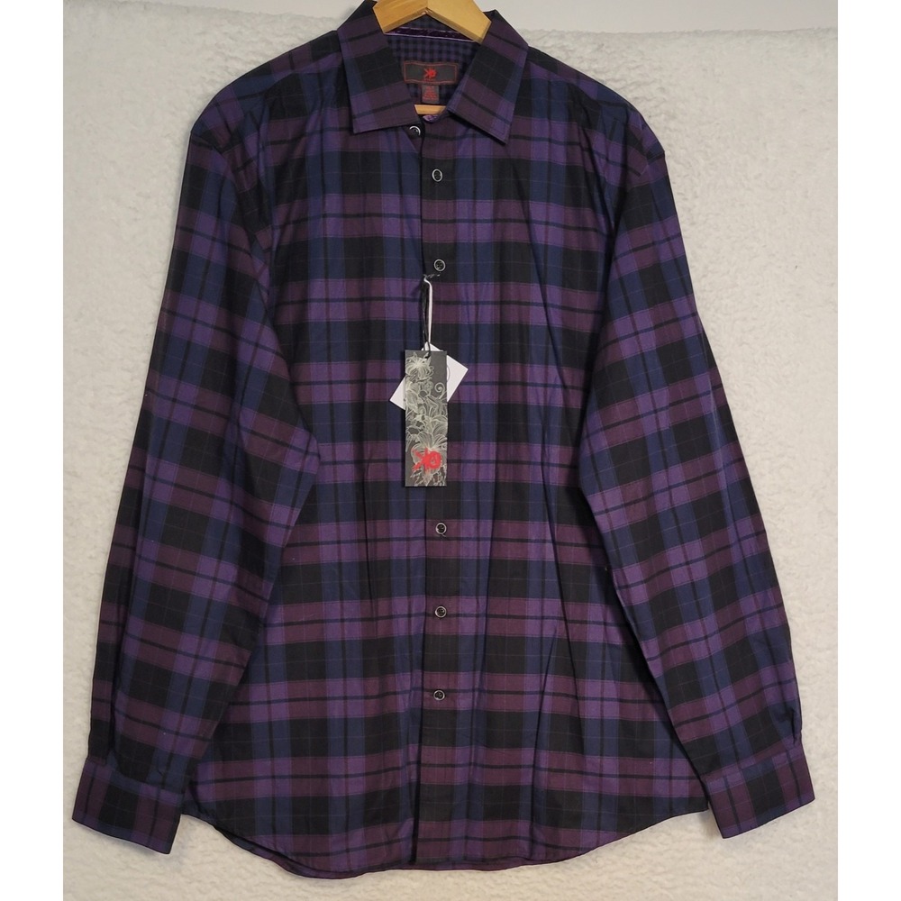Egara Men's Dress Shirt Size XLT NEW Purple Black Button Long‎ Sleeve Plaid 1289
